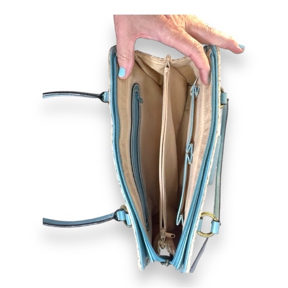 VINTAGE 70s Faux Straw and Aqua Satchel - Picture 10 of 14